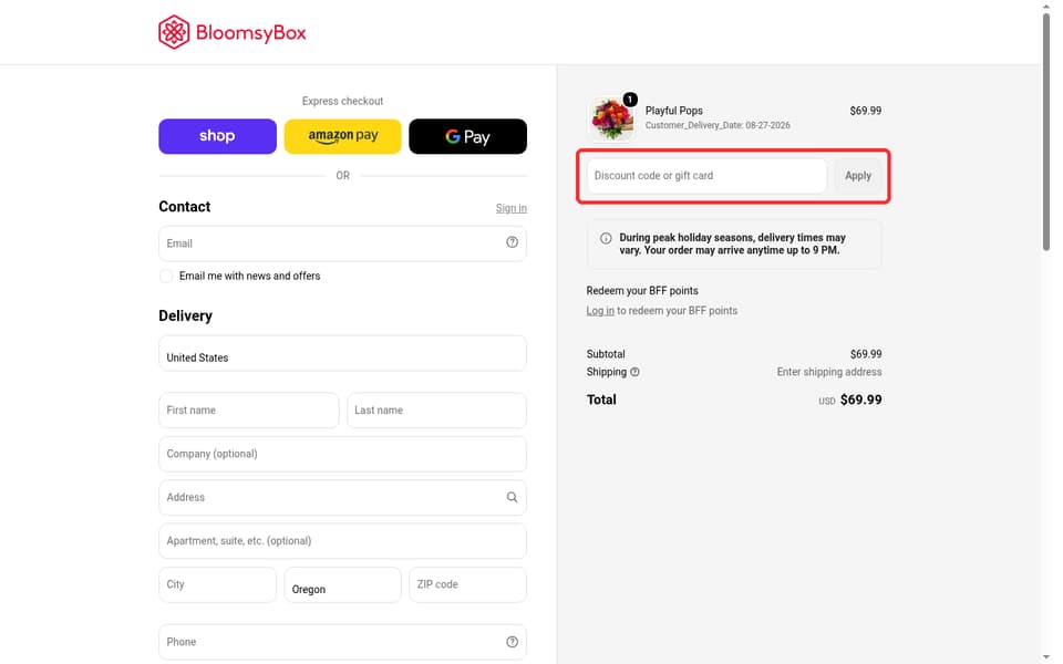 BloomsyBox checkout page showing the Discount code or gift card field and Apply button