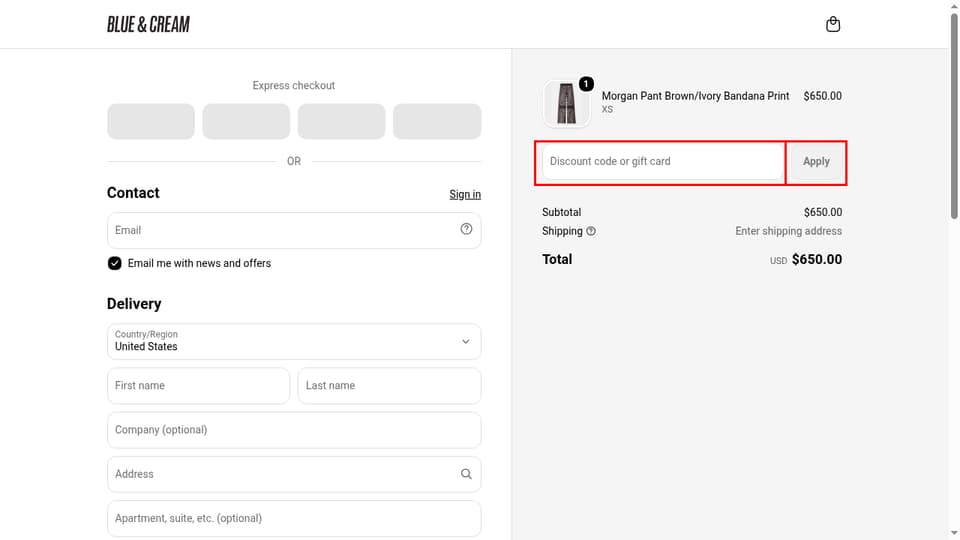 Blue & Cream checkout page showing the Discount code or gift card field and Apply button