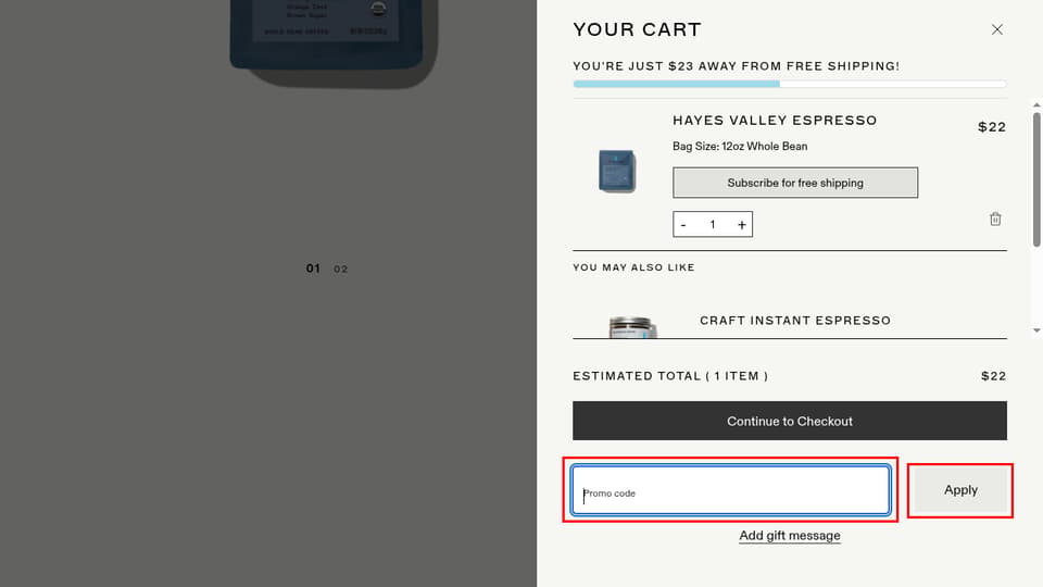 Blue Bottle Coffee checkout page showing the Promo code field and Apply button
