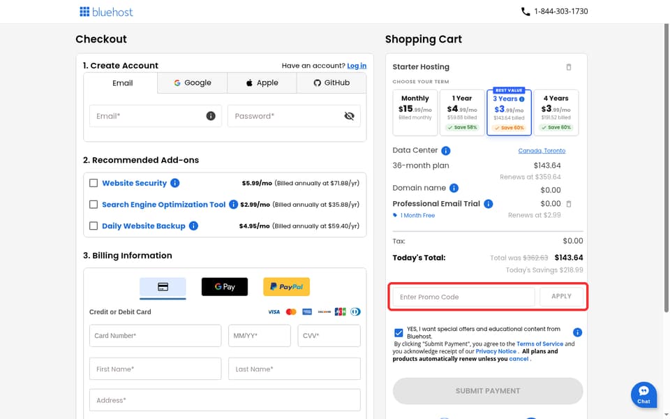 Bluehost checkout page showing the Enter Promo Code field and Apply button