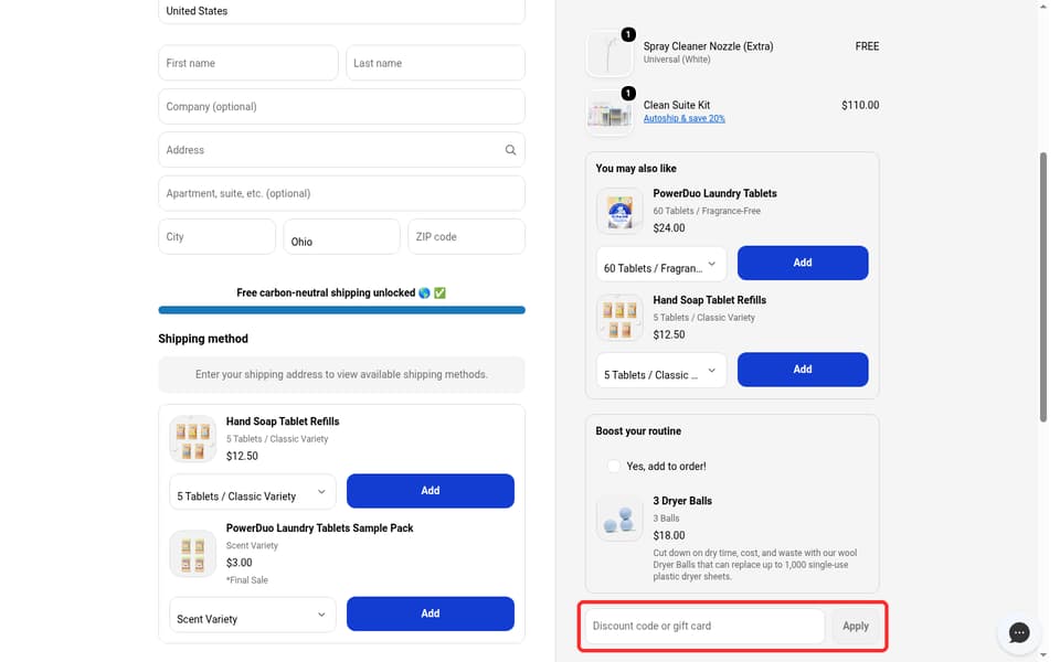 Blueland checkout page showing the Discount code or gift card field and Apply button