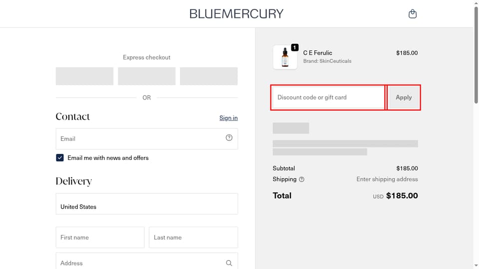 Bluemercury checkout page showing the Discount code or gift card field and Apply button
