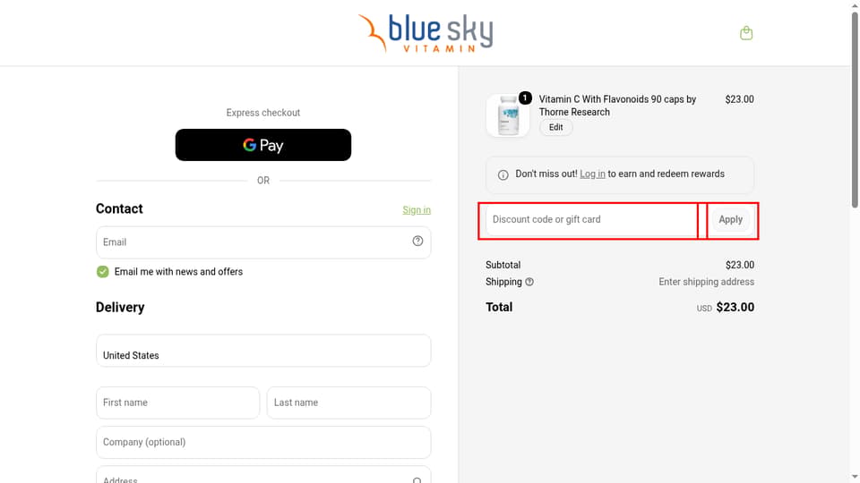 Blue Sky Vitamin checkout page showing the Discount code or gift card field and Apply button