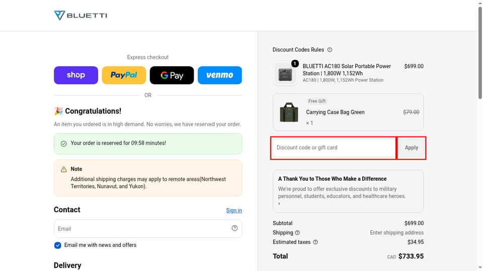 BLUETTI checkout page showing the Discount code or gift card field and Apply button