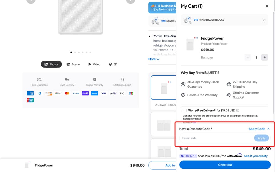 BLUETTI checkout page showing the Enter Code field and Apply button