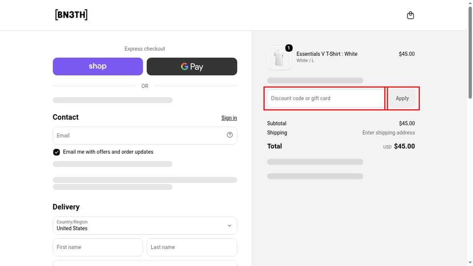BN3TH checkout page showing the Discount code or gift card field and Apply button