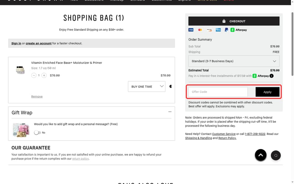 Bobbi Brown Cosmetics checkout page showing the Offer Code field and Apply button