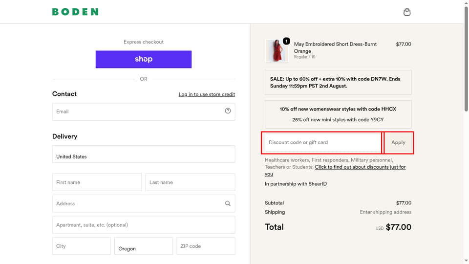 Boden checkout page showing the Discount code or gift card field and Apply button
