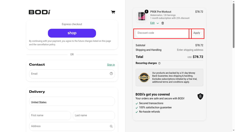 BODi checkout page showing the Discount code field and Apply button