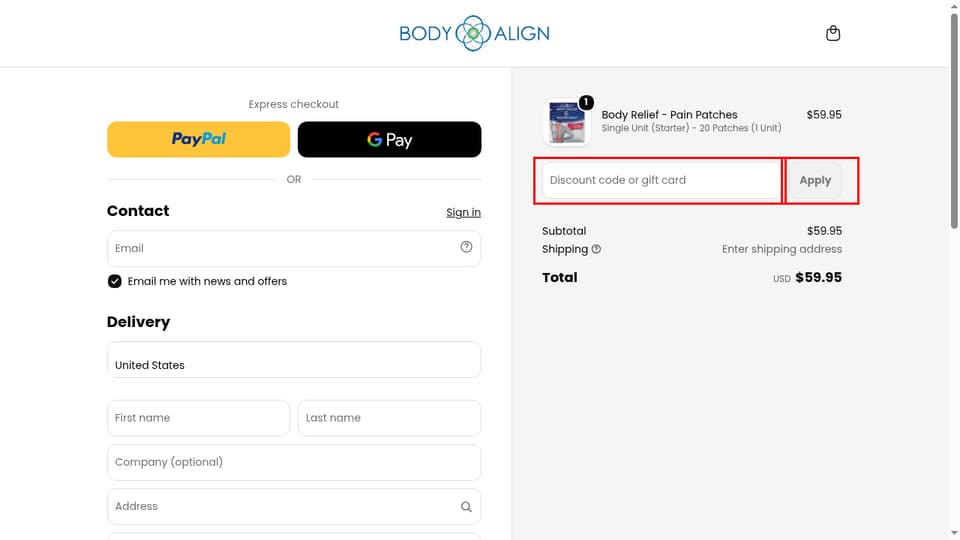 Body Align checkout page showing the Discount code or gift card field and Apply button