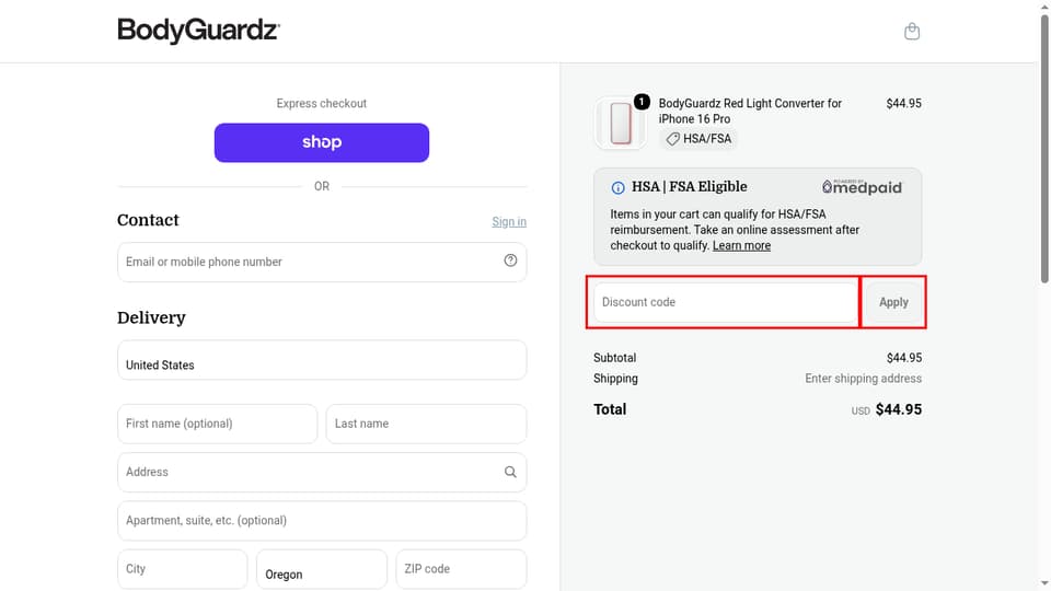 BodyGuardz checkout page showing the Discount code field and Apply button
