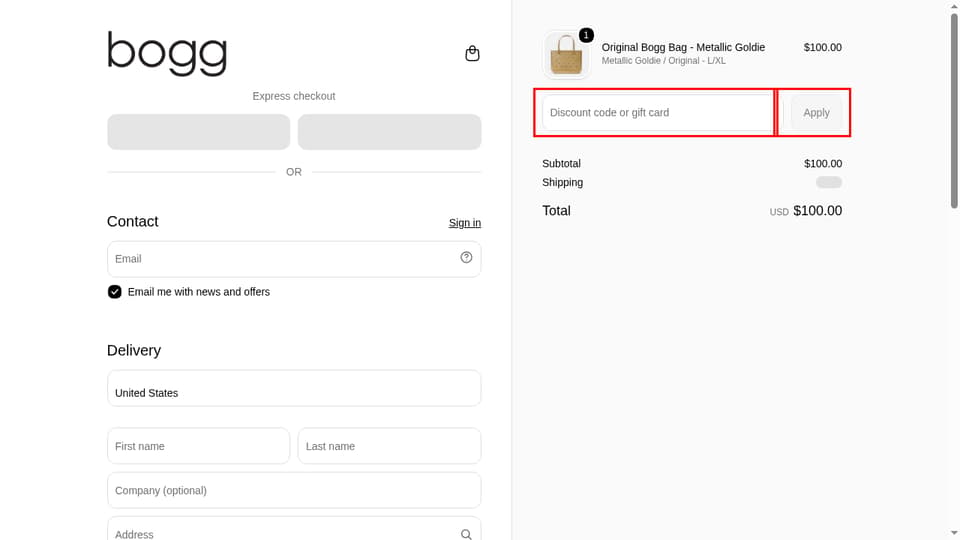 Bogg Bag checkout page showing the Discount code or gift card field and Apply button