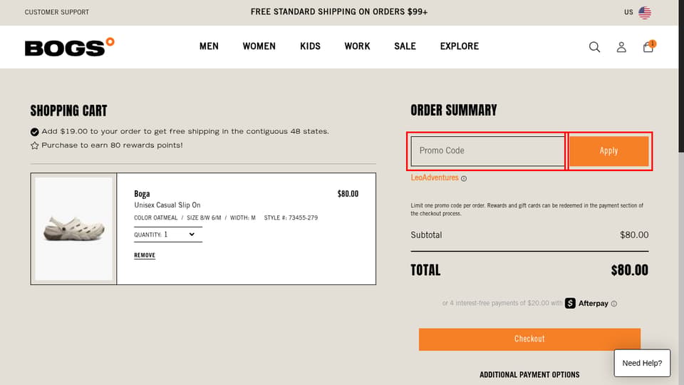 BOGS Footwear checkout page showing the Promo Code field and Apply button