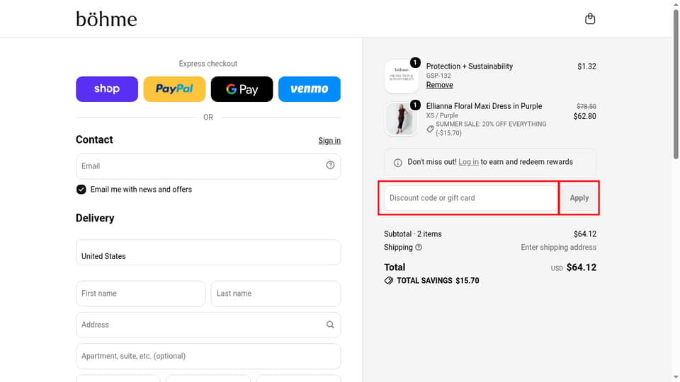 Böhme checkout page showing the Discount code or gift card field and Apply button