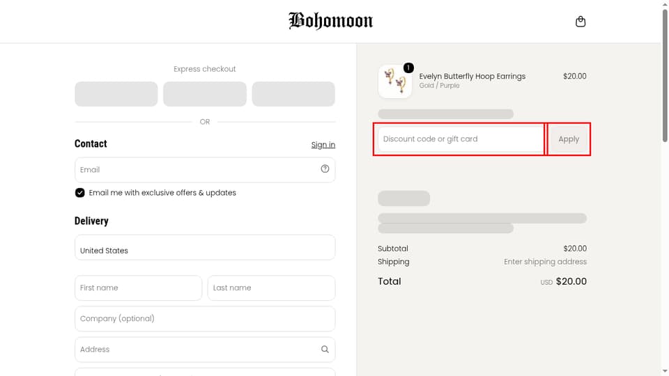 Bohomoon checkout page showing the Discount code or gift card field and Apply button