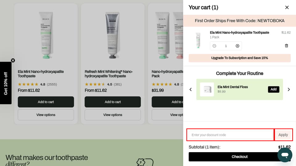 Boka checkout page showing the Enter your discount code field and Apply button
