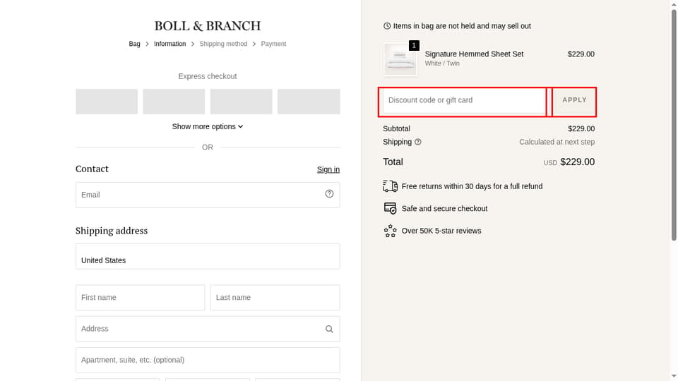 Boll & Branch checkout page showing the Discount code or gift card field and Apply button