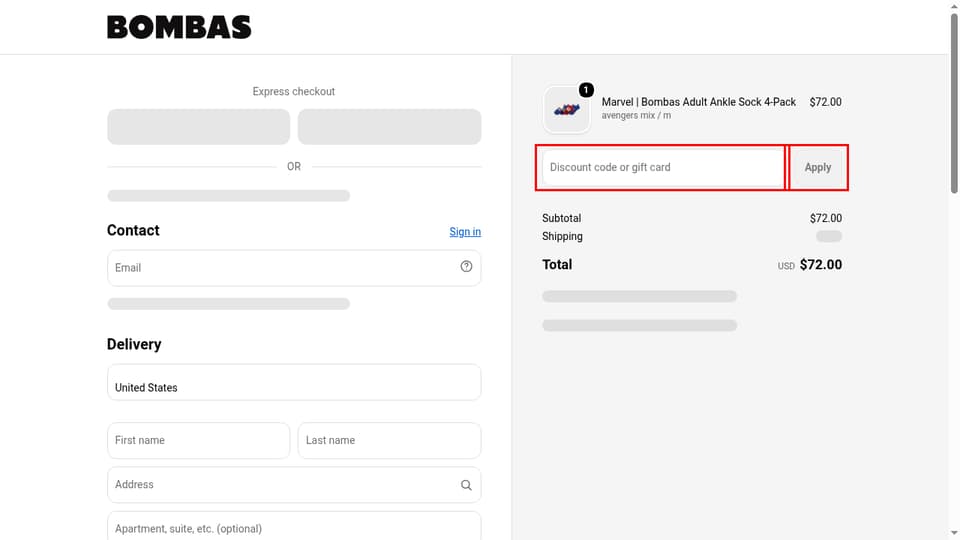 Bombas checkout page showing the Discount code or gift card field and Apply button