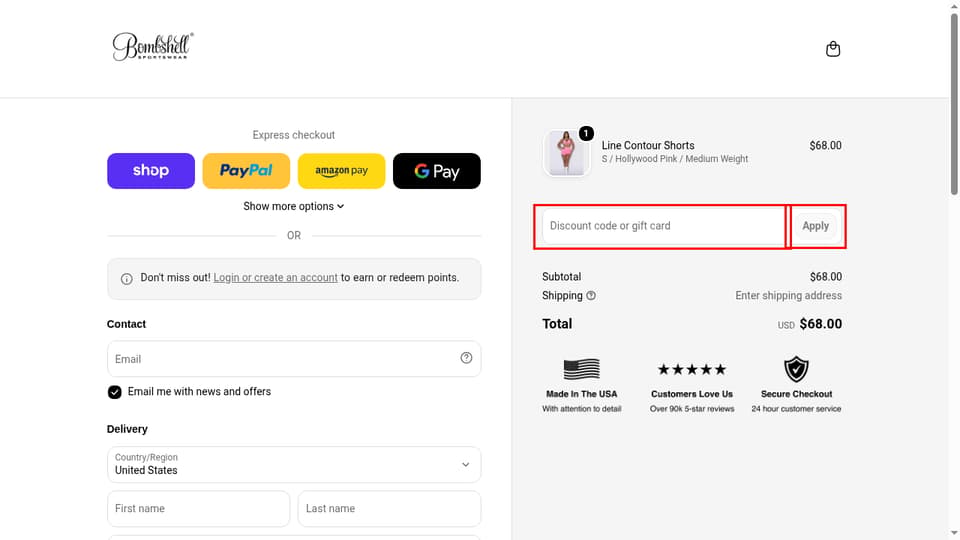 Bombshell Sportswear checkout page showing the Discount code or gift card field and Apply button