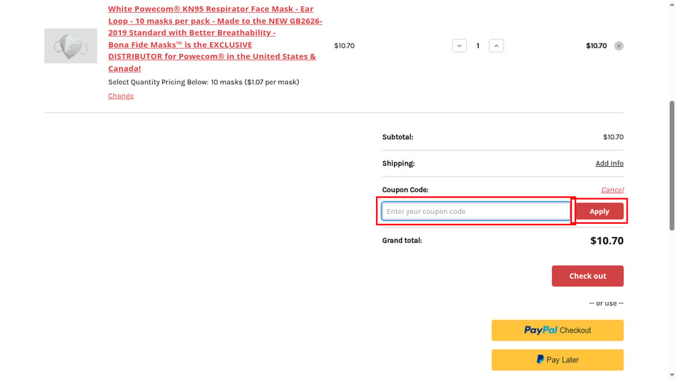Bona Fide Masks checkout page showing the Enter your coupon code field and Apply button