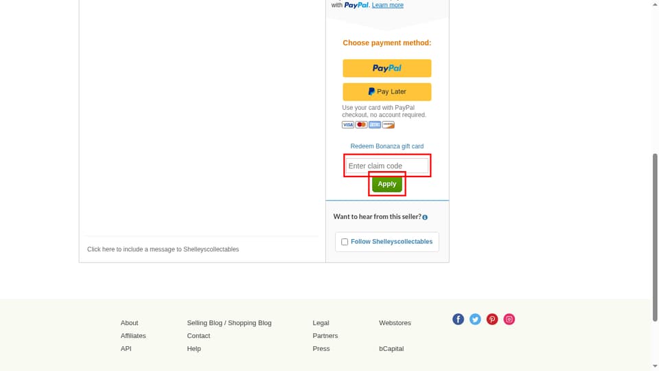 Bonanza checkout page showing the Enter claim code field and Apply button