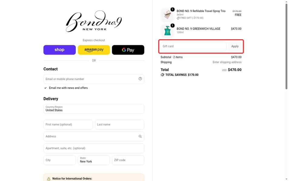 Bond No. 9 checkout page showing the Gift card field and Apply button
