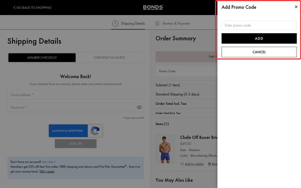 Bonds checkout page showing the Enter promo code field and ADD button