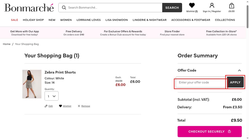 Bonmarché checkout page showing the Enter your offer code field and Apply button