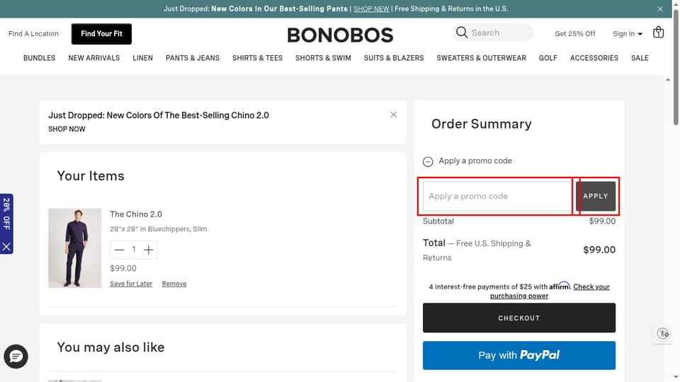 Bonobos checkout page showing the Apply a promo code field and Apply button