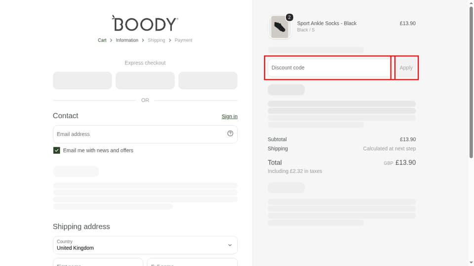 Boody checkout page showing the Discount code field and Apply button