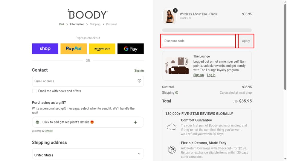 Boody checkout page showing the Discount code field and Apply button