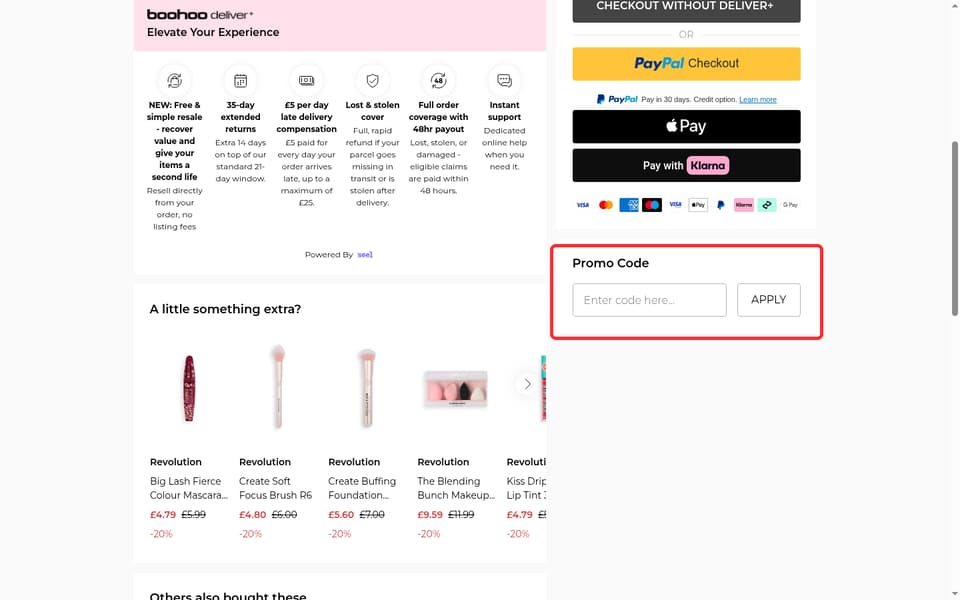 Boohoo checkout page showing the Enter code here... field and Apply button