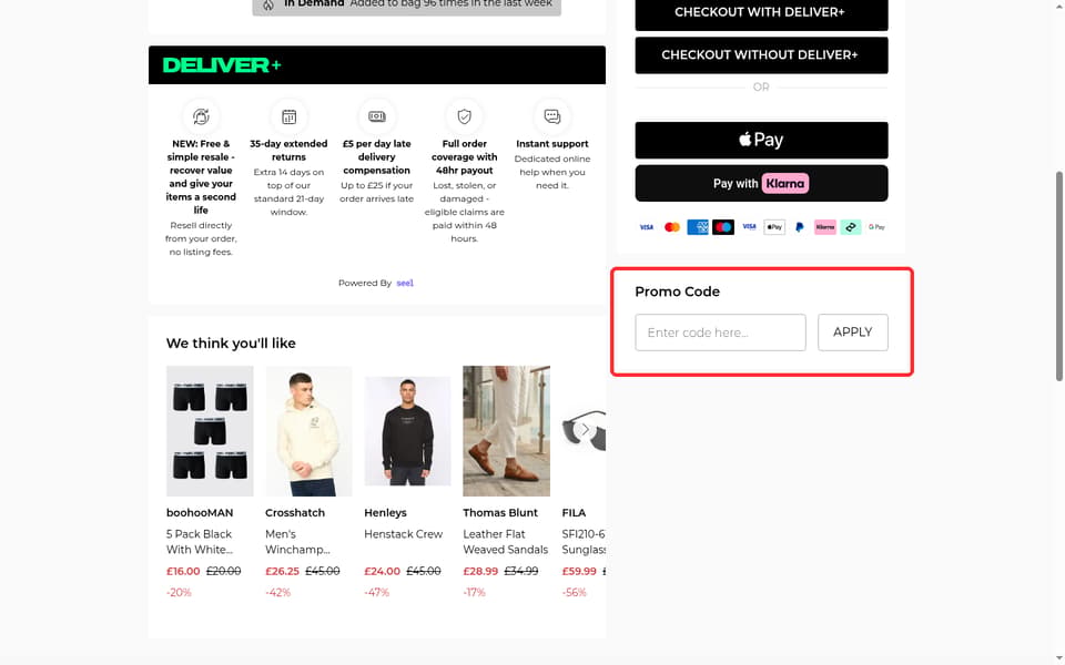 boohooMAN checkout page showing the Enter code here... field and Apply button