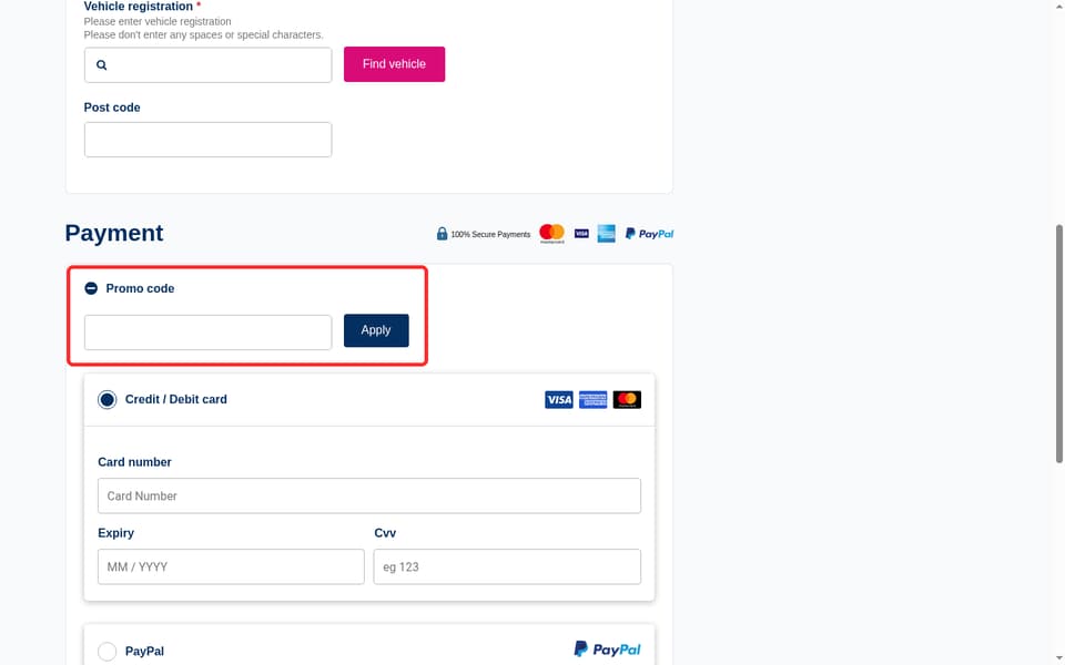 East Midlands Airport checkout page showing the Promo code field and Apply button