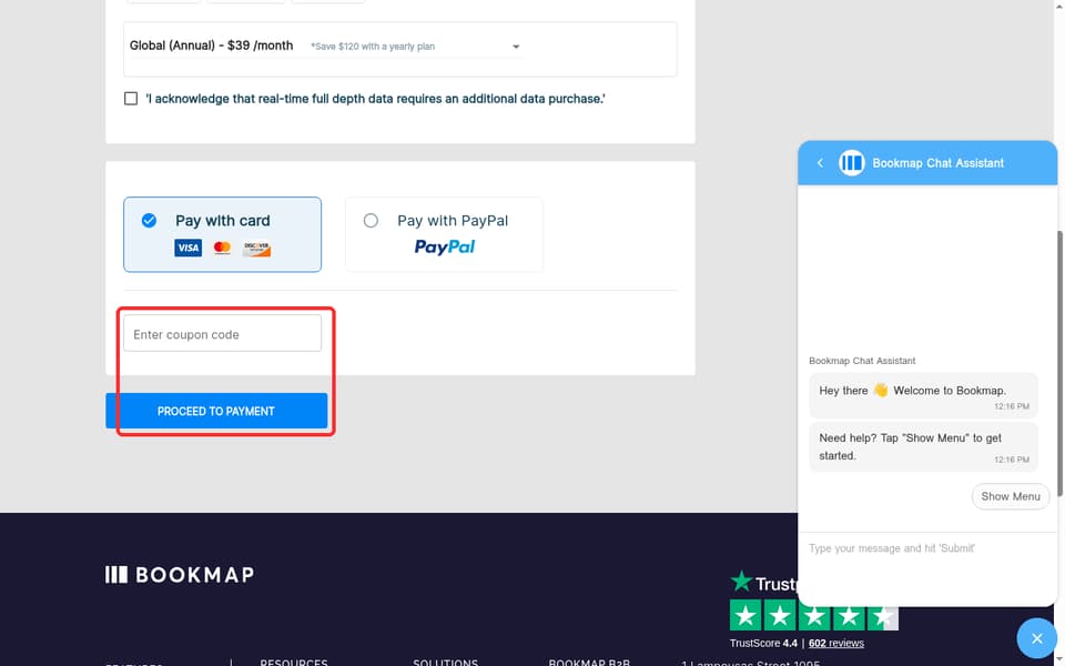Bookmap checkout page showing the Enter coupon code field and Proceed to Payment button
