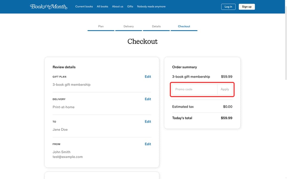 Book of the Month checkout page showing the Promo code field and Apply button