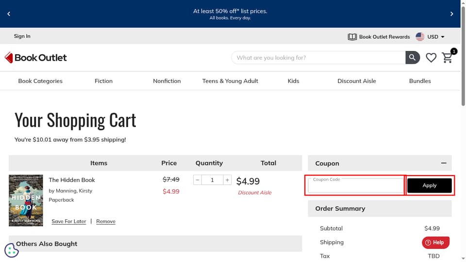 Book Outlet checkout page showing the Coupon Code field and Apply button
