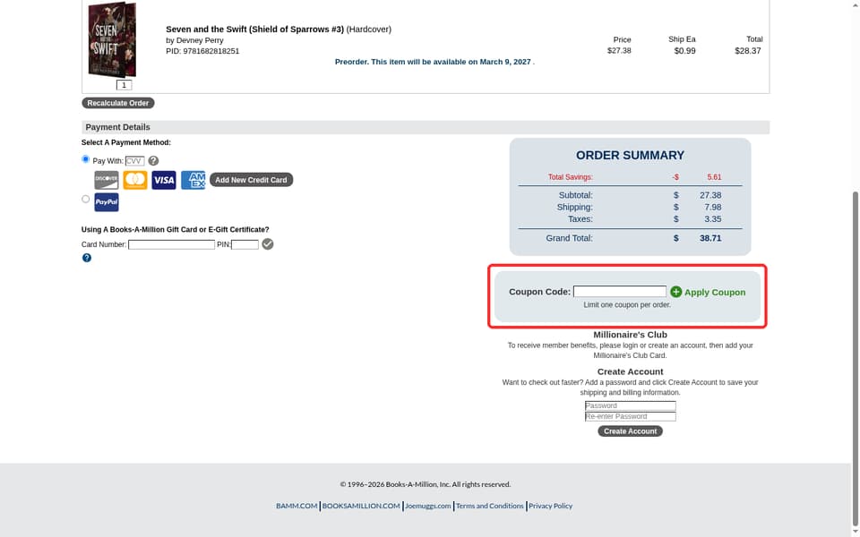 Books-A-Million checkout page showing the Coupon Code field and Apply Coupon button