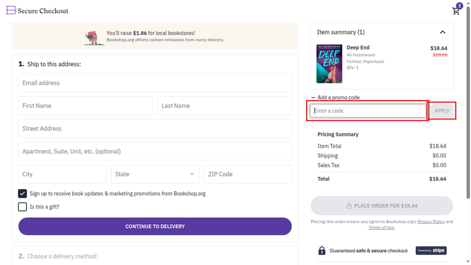 Bookshop.org checkout page showing the Enter a code field and Apply button