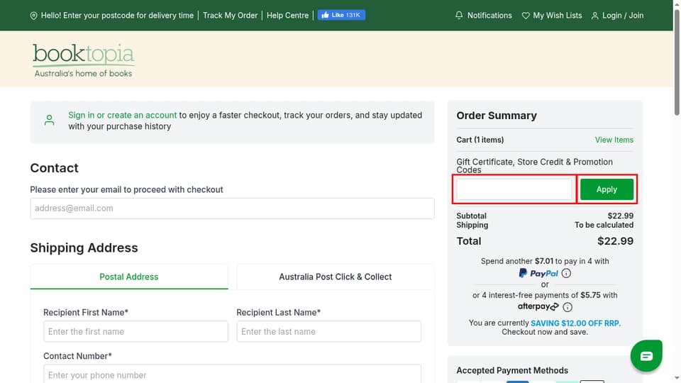 Booktopia checkout page showing the Gift Certificate, Store Credit & Promotion Codes field and Apply button