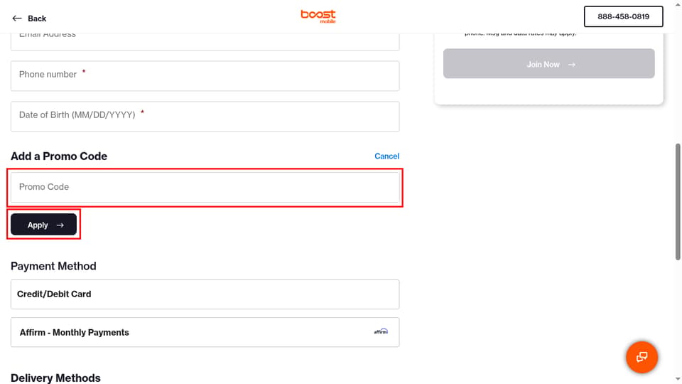 Boost Mobile checkout page showing the Promo Code field and Apply button