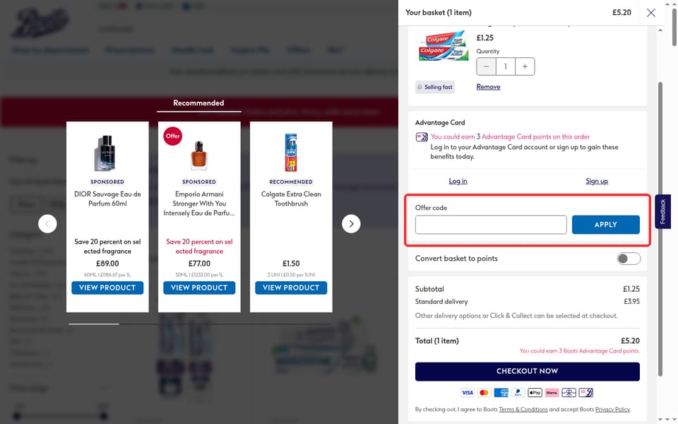 Boots checkout page showing the Offer code field and APPLY button