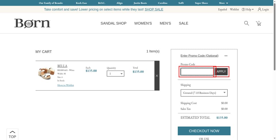 Born Shoes checkout page showing the Promo Code field and Apply button