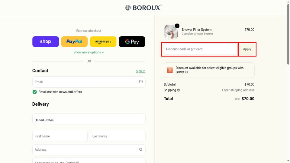 BOROUX checkout page showing the Discount code or gift card field and Apply button