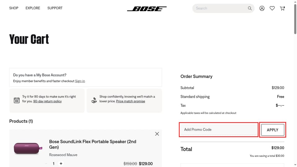 Bose checkout page showing the Add Promo Code field and Apply button
