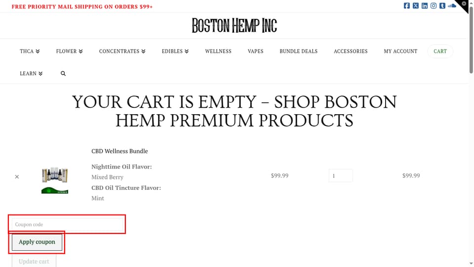 Boston Hemp Inc. checkout page showing the Coupon code field and Apply coupon button