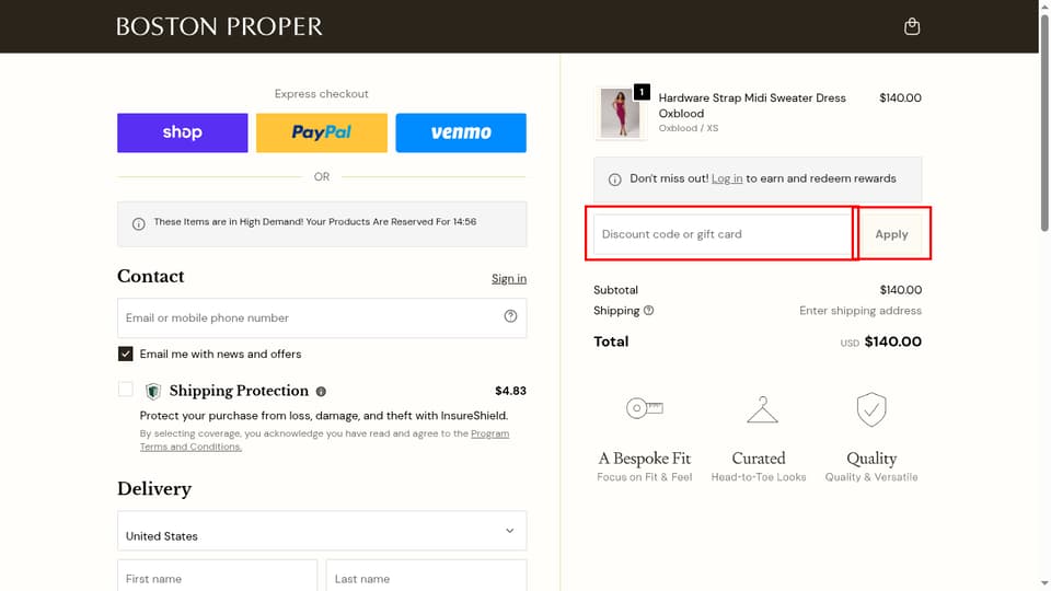 Boston Proper checkout page showing the Discount code or gift card field and Apply button