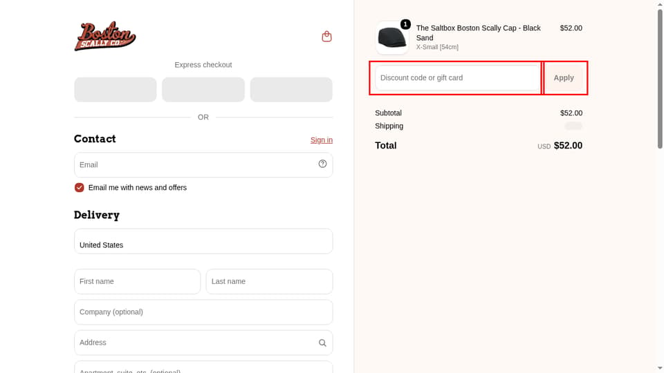 Boston Scally checkout page showing the Discount code or gift card field and Apply button