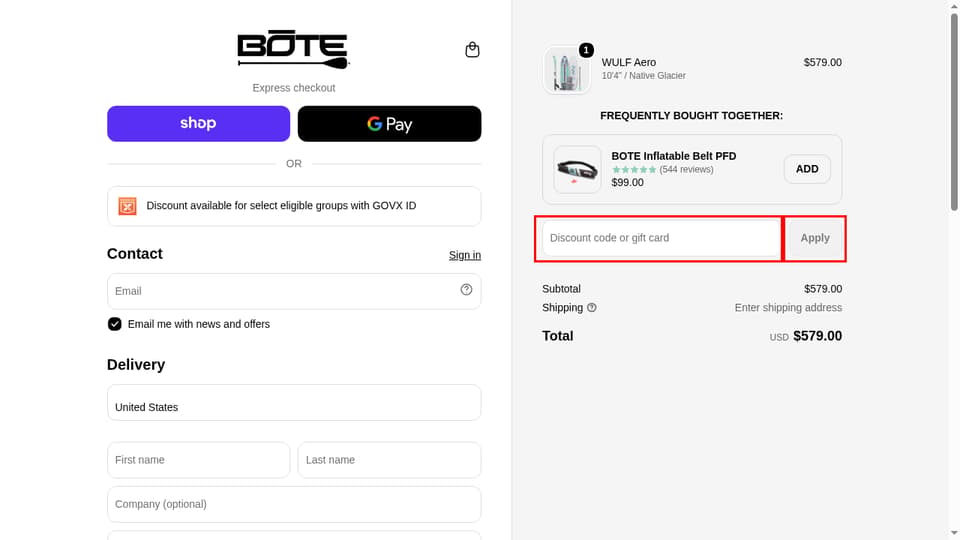 BOTE checkout page showing the Discount code or gift card field and Apply button