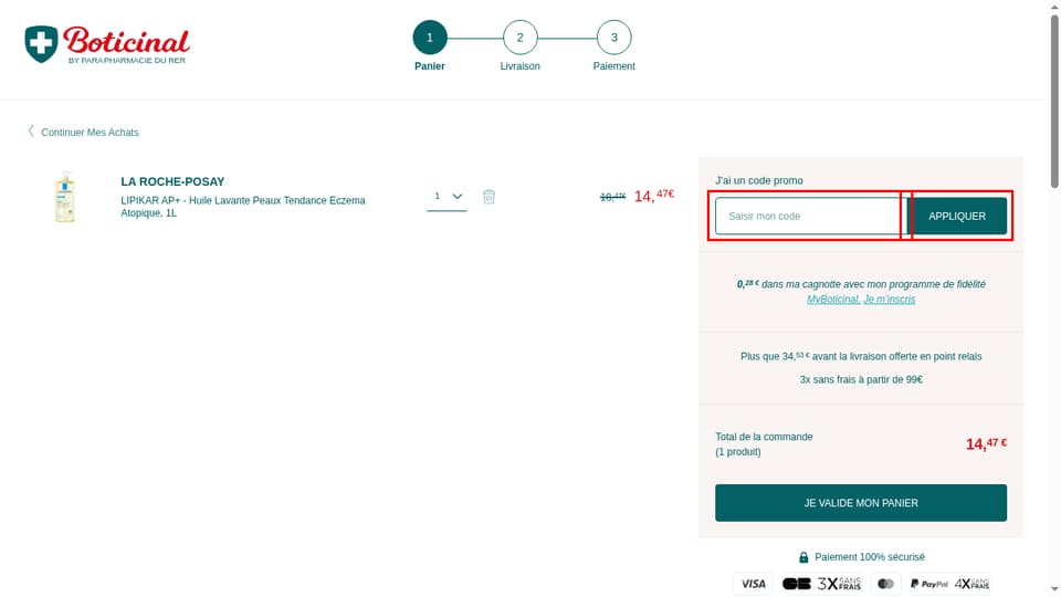 Boticinal checkout page showing the Saisir mon code field and Appliquer button